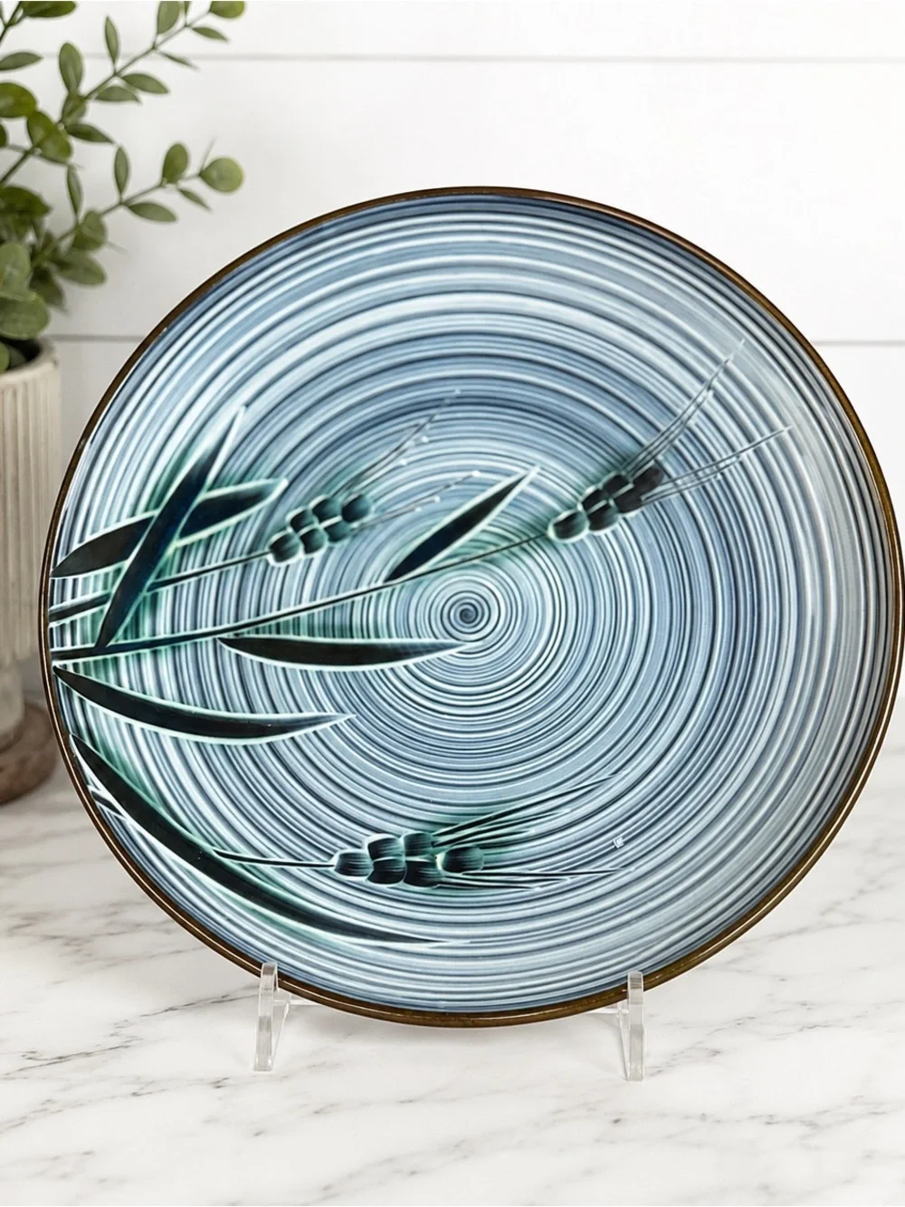 Vintage Nasuga 12”Stoneware Serving Bowl Blue Spiral Botanical Design Ovenproof